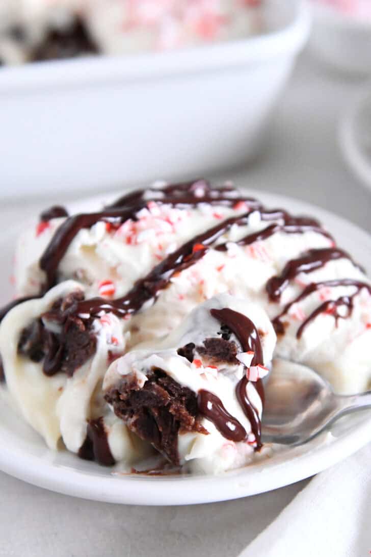 Spoon scooping bite of brownie pudding trifle on white plate.