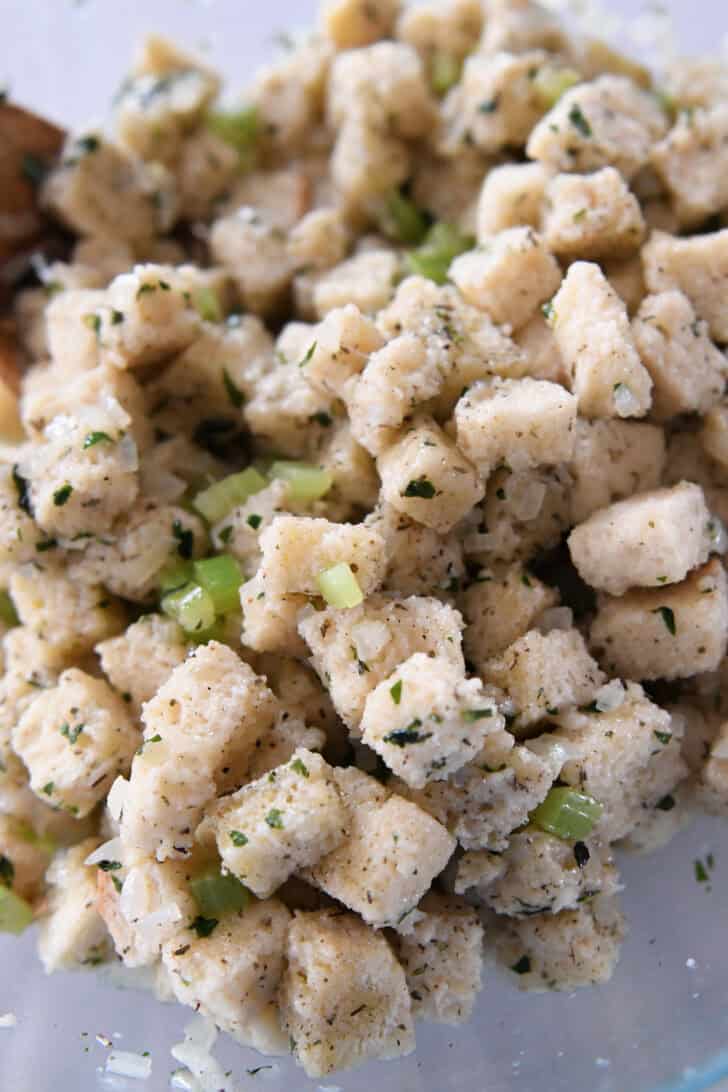 Bread cubes tossed with butter and sauteed veggies.