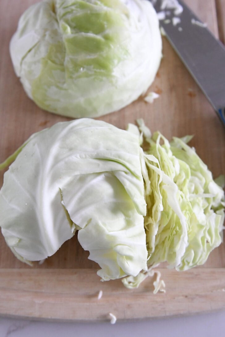 Thin shreds of cabbage from one half green cabbage.