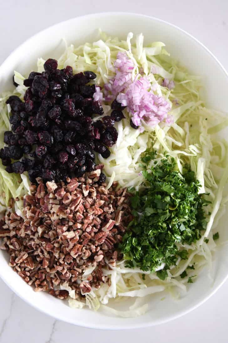 White bowl of thin-sliced green cabbage, dried cranberries, red onions, parsley and pecans.