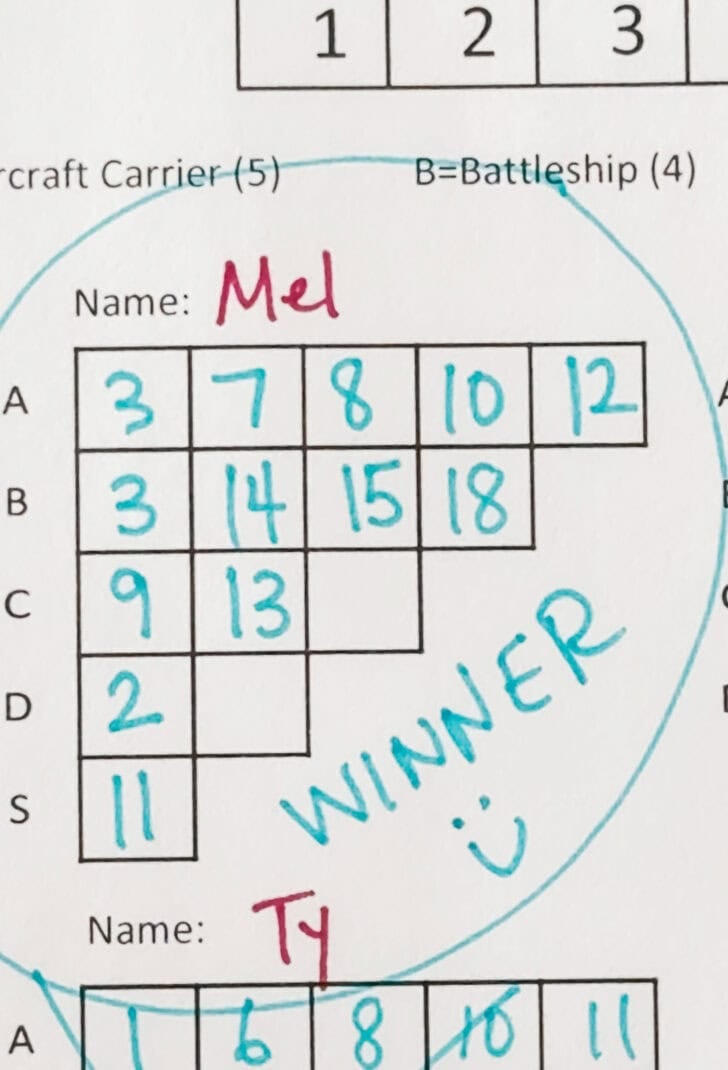 Paper battleship game with winner.