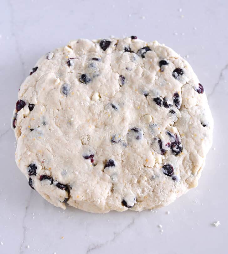 Cranberry orange scone dough patted into thick circle.