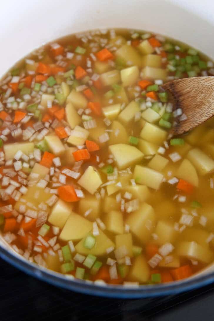 Soup pot with broth, onions, potatoes, celery and carrots.