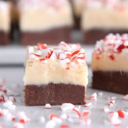 Two pieces of peppermint bark fudge.