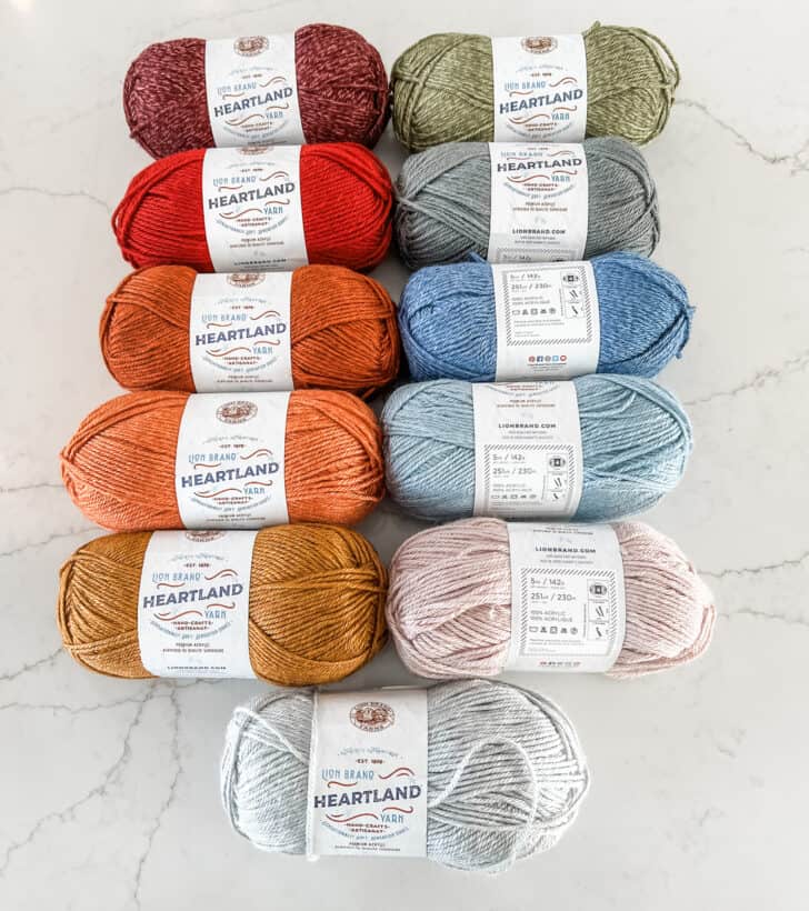 Colored yarn in rows for temperature blanket.