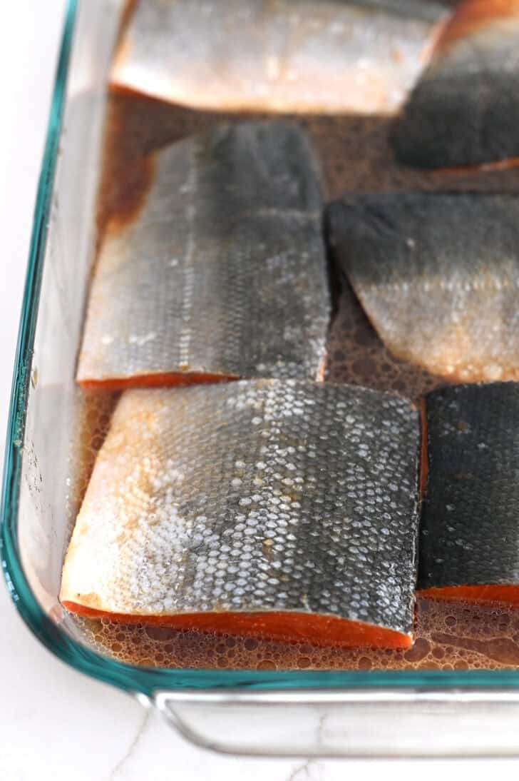 Salmon filets skin side up in glass pan with brown marinade.
