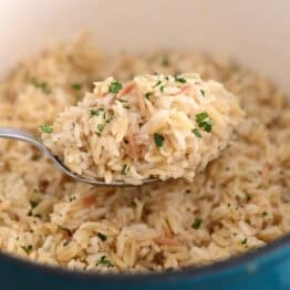 Serving spoon with rice pilaf in cast iron pot.