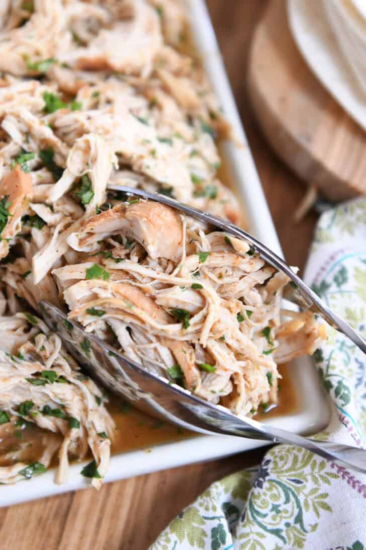 Top down view of a white platter with seasoned shredded chicken and chopped cilantro. A metal tong is getting a portion of the chicken.