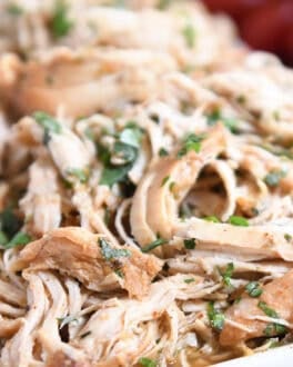 Close up view of shredded chicken topped with chopped cilantro.