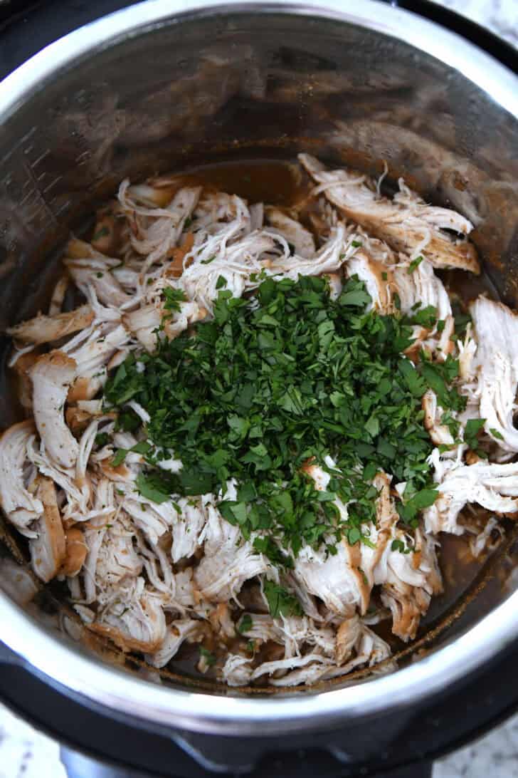 Top down view of a metal bowl with shredded chicken in a sauce and topped with chopped cilantro.