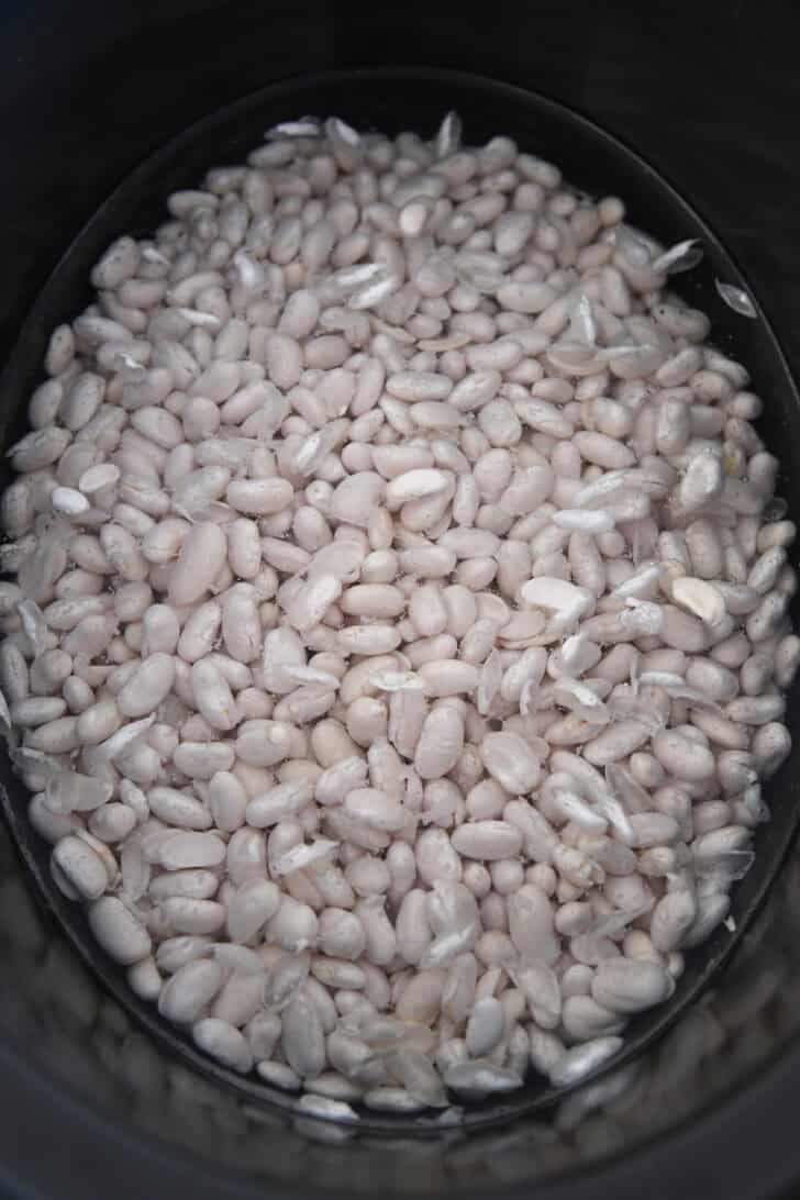 White beans and water in black slow cooker.
