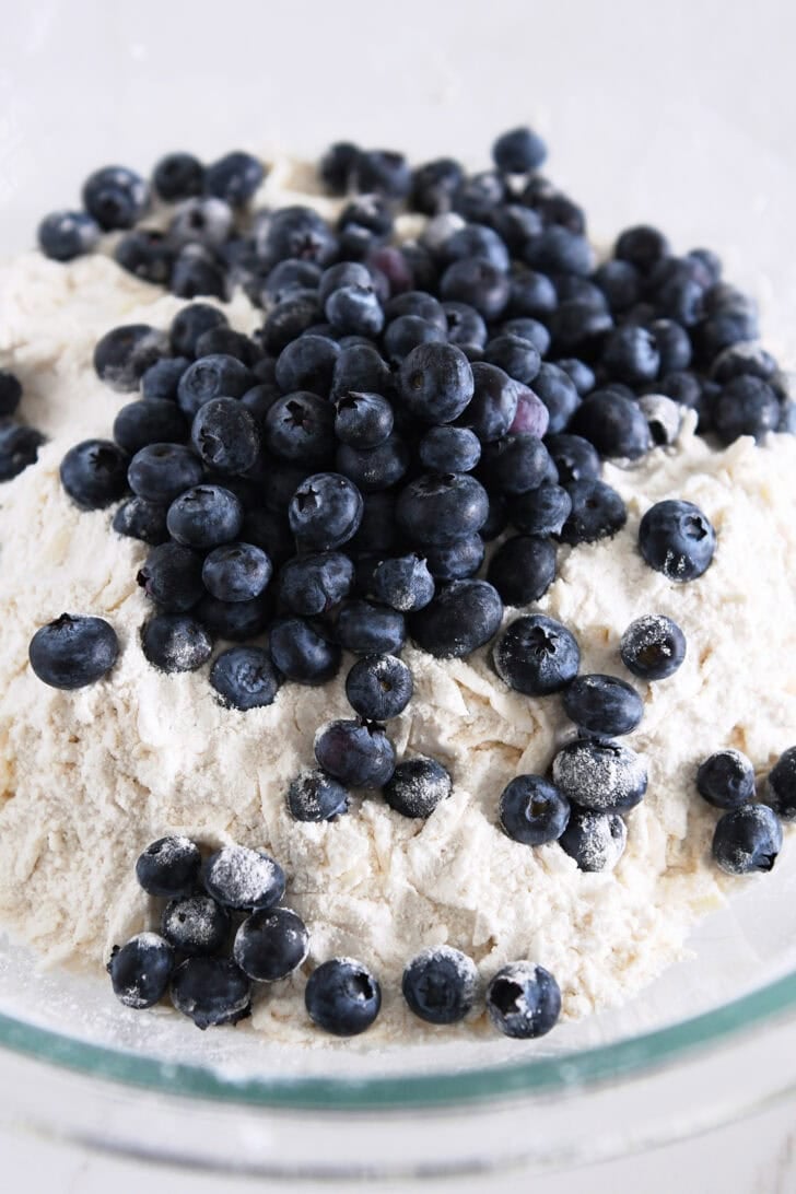 Fresh blueberries in bowl with butter shreds and dry ingredients.