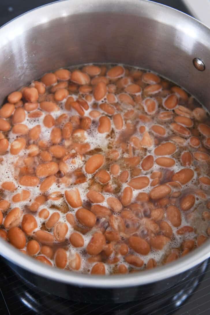 Stainless pot with broth, canned beans, garlic and onion.