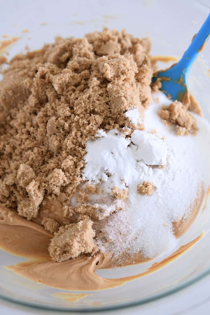 Peanut butter cookie dough with brown sugar and granulated sugar.