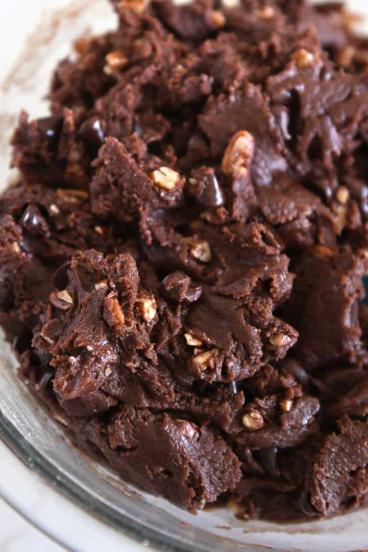 Chocolate cookie dough loaded with pecans and chocolate chips.