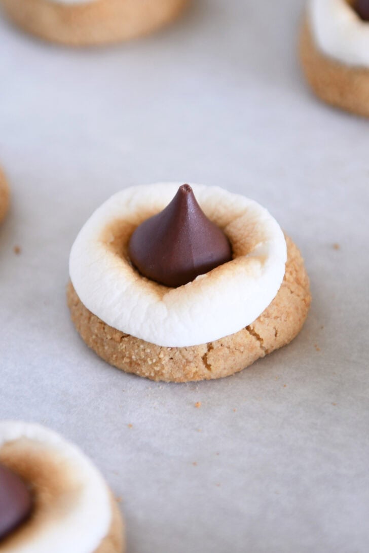 Graham cracker cookie topped with toasted marshmallow with Hershey's Kiss pressed into marshmallow.