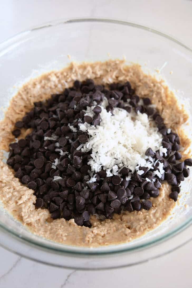 Cookie dough with chocolate chips and coconut.