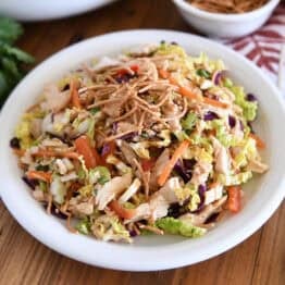 Asian chicken salad on white plate.