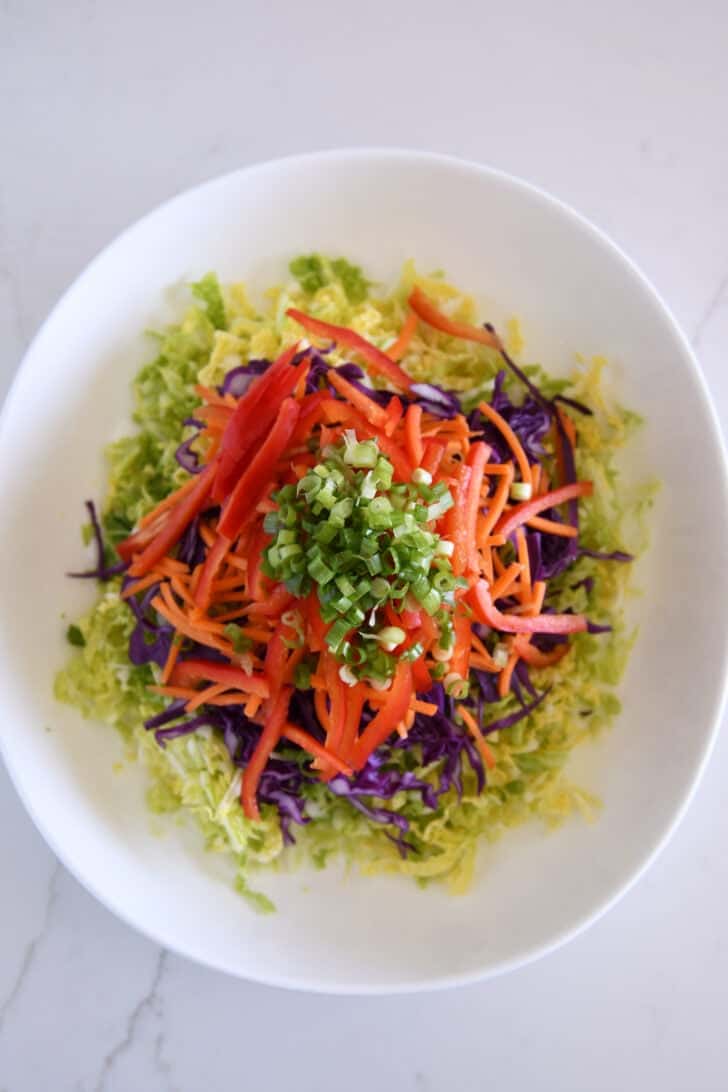 White bowl with chopped green onions, julienned red peppers, matchstick carrots, sliced red and Napa cabbages.
