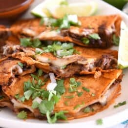 Three corn tortillas filled with beef and melty cheese topped with cilantro and onions on white platter.