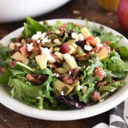 Green salad on white plate with roasted pumpkin seeds, chopped apples, candied pecans, feta cheese and red onions.
