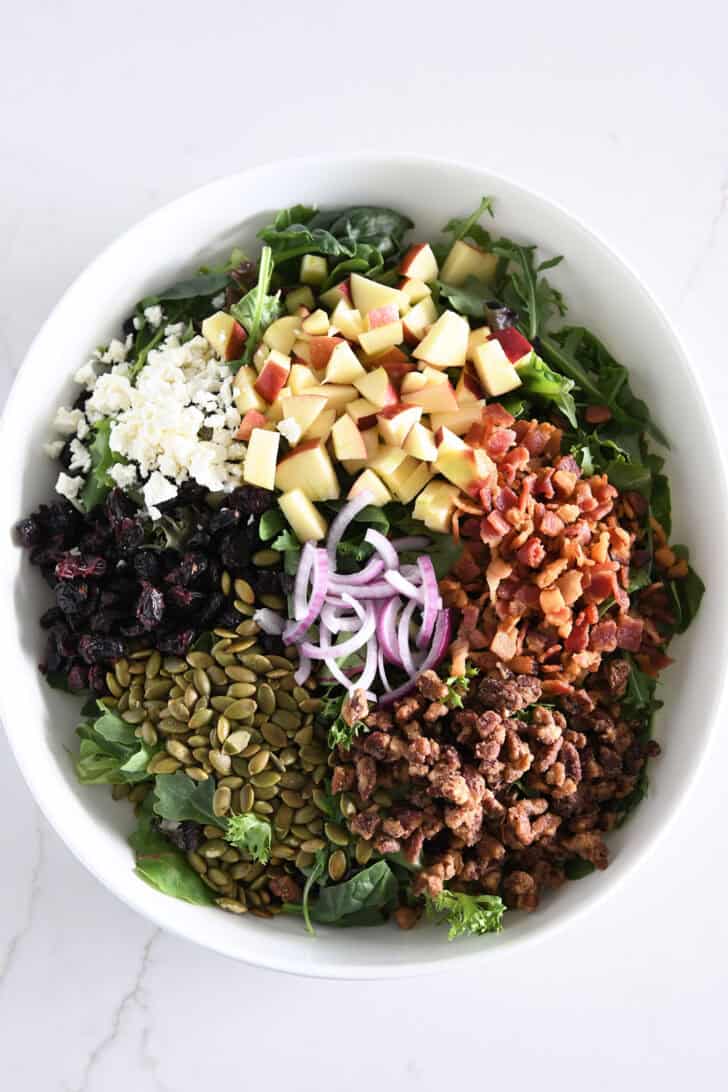 White bowl with salad greens, roasted pumpkin seeds, candied pecans, cooked bacon, red onions, craisins, feta and chopped apples.