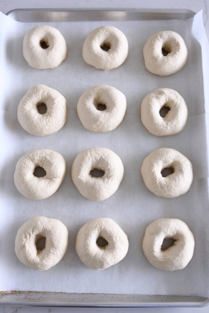 Top down view of 12 bagel shaped dough pieces on parchment lined baking sheet.