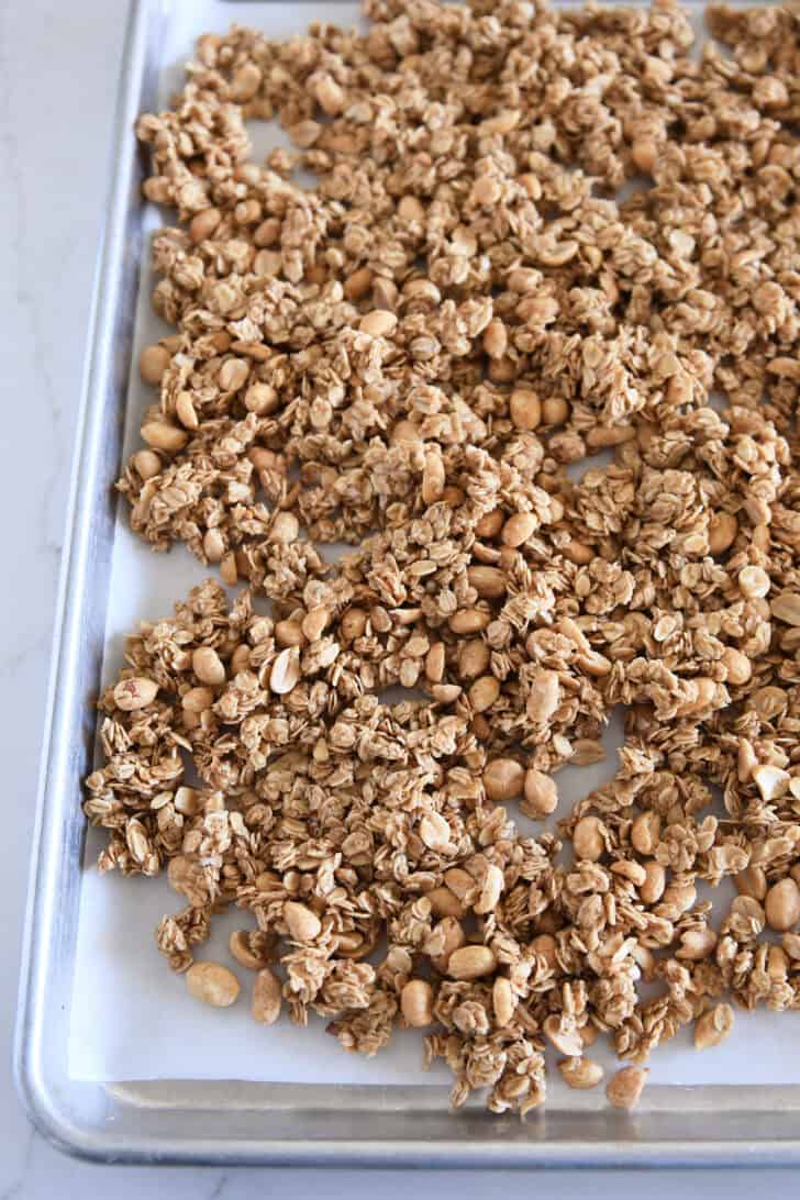 Unbaked peanut butter granola with peanuts spread on parchment lined half sheet pan.