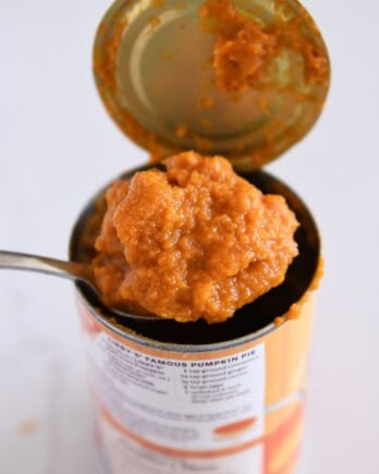 Can of opened pumpkin puree with spoon holding last bit of pumpkin.