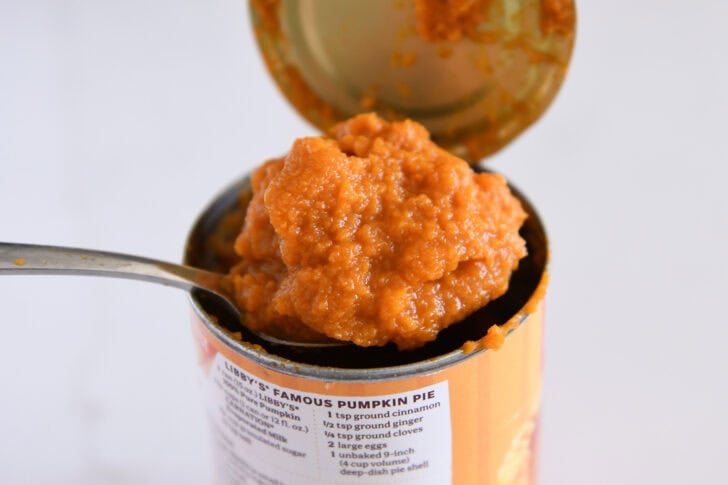 Can of opened pumpkin puree with spoon holding last bit of pumpkin.