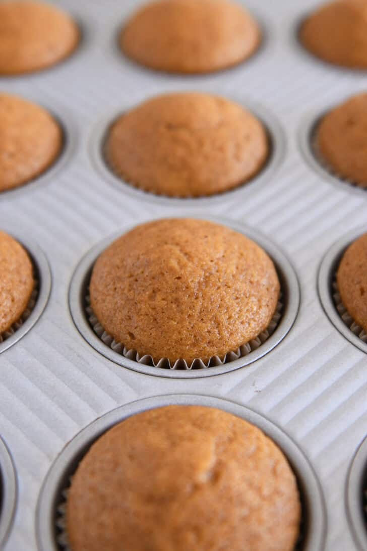 Baked domed pumpkin cupcake in liners in metal cupcake tin.