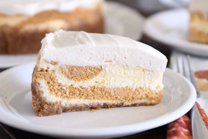 Slice of pumpkin swirl cheesecake on white plate.