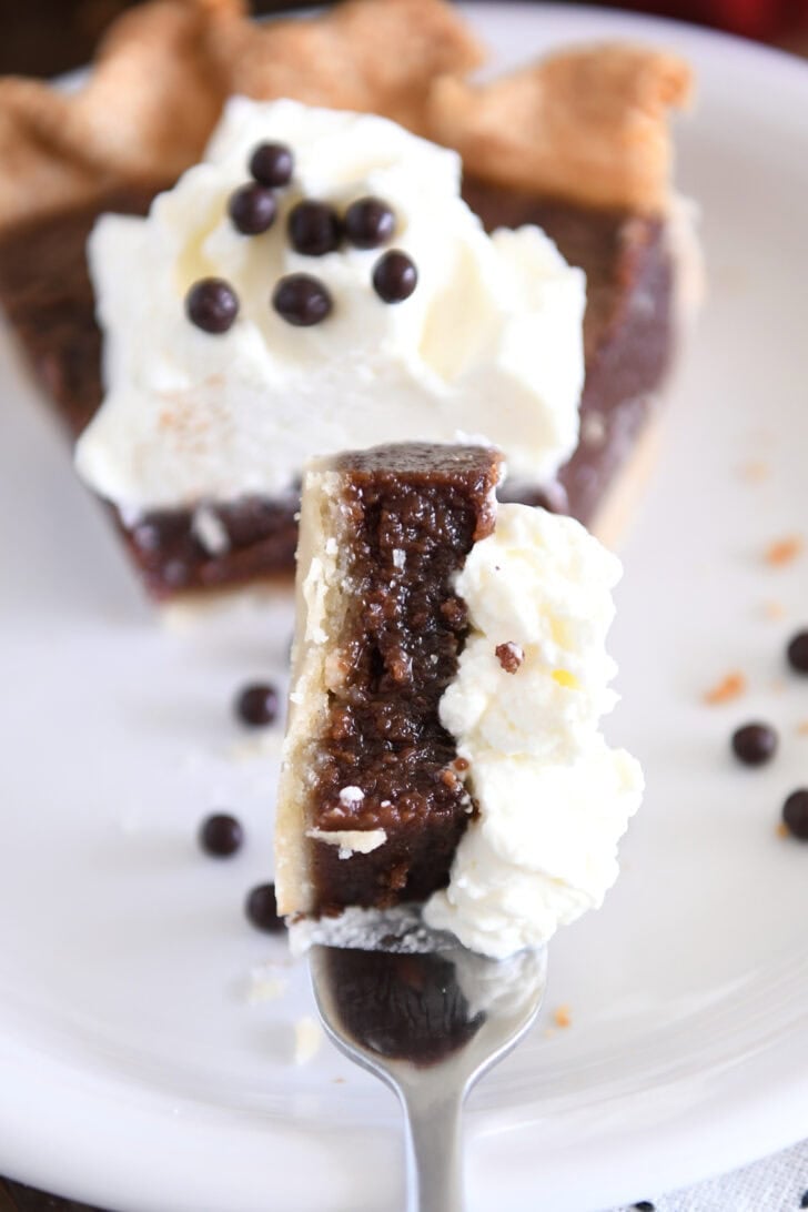 Bite of fudgy chocolate pie with whipped cream on fork leaning on white plate.