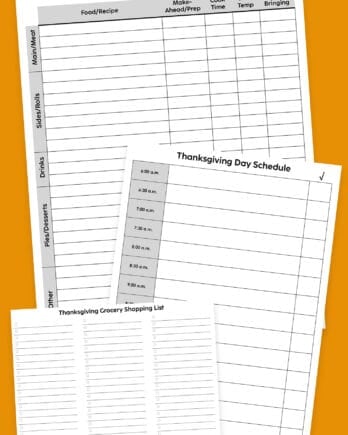 Orange background with white papers printed with Thanksgiving menu planner in black ink.