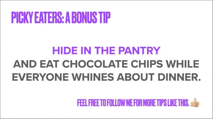 White background with purple lettering Picky eaters: a bonus tip.