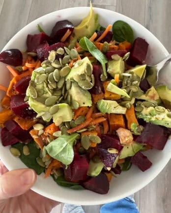 White bowl with lentil beet salad.