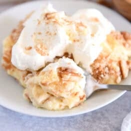 Serving of banana pudding on white plate topped with whipped cream and bite on spoon.