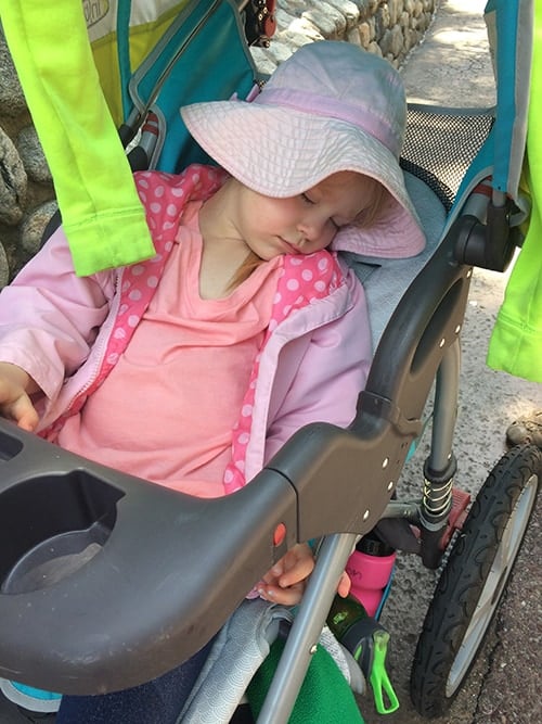 A little girl asleep in a stroller.