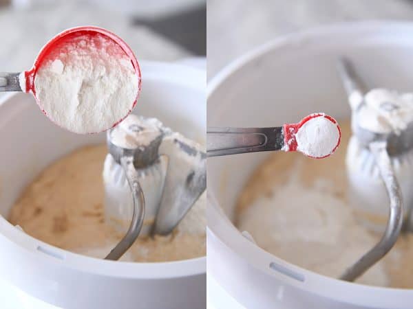 Adding flour and salt to cinnamon roll dough.