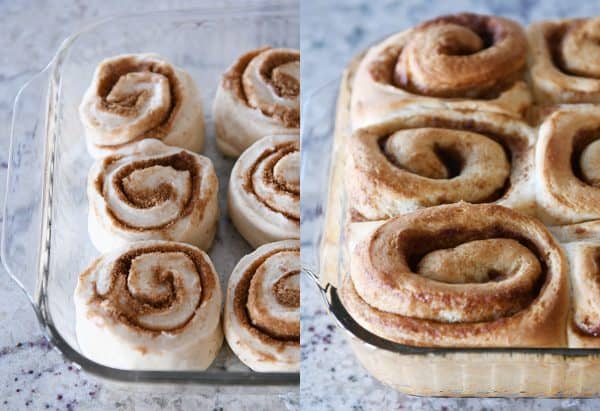Cinnamon rolls rising and baked in glass pan.