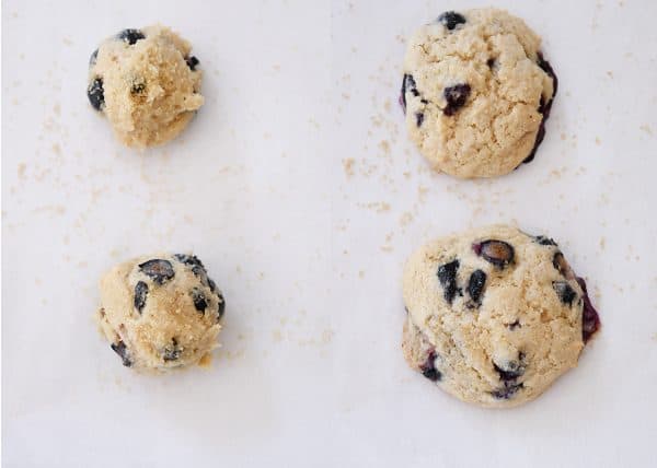 Side by side of unbaked and then baked blueberry muffin cookies.