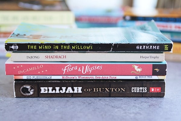 Stacks of books on a kitchen counter.