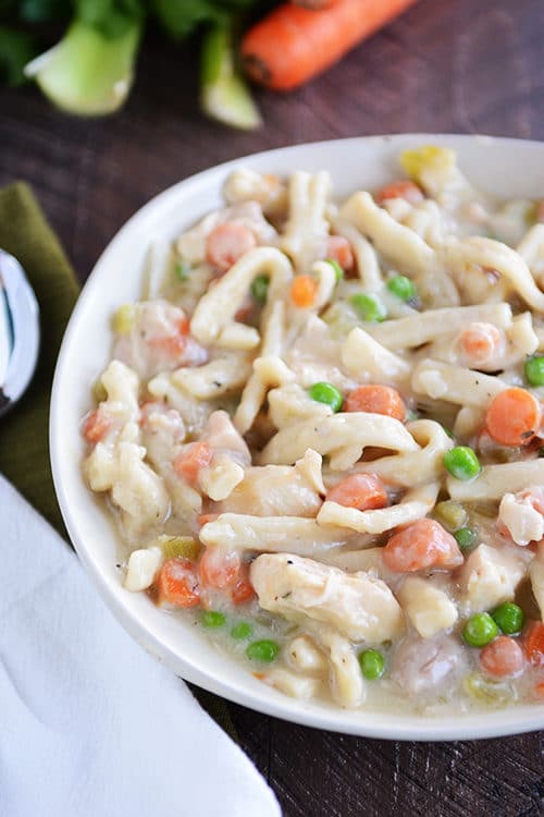 Top view of a white bowl full of chicken, noodle, and vegetable stew.
