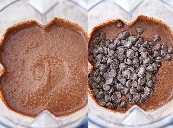 Top down view of blended double chocolate muffin batter with chocolate chips.
