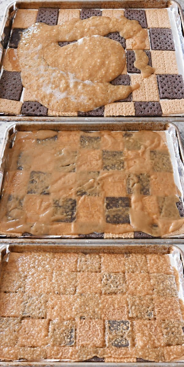 Easy graham cracker toffee with toffee baked and unbaked.