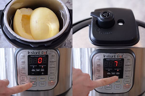 A collage of pictures showing how to cook a spaghetti squash in an InstantPot.