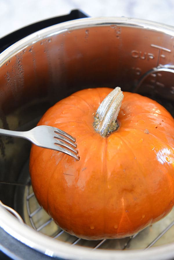 A small pumpkin in the inside of an Instant Pot.