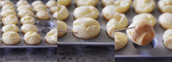 Collage of pictures showing cooked cream puffs in a mini muffin tin.