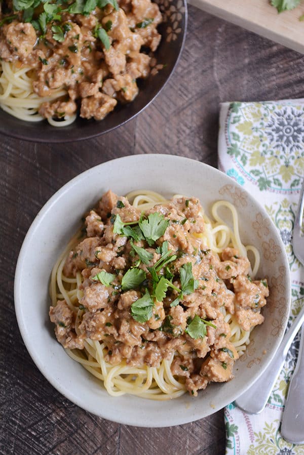 A top view of a white bowl with cooked spaghetti noodles topped with cooked ground beef and sauce.