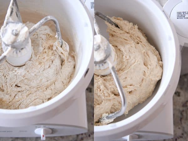 Side by side of cinnamon roll dough mixing in Bosch.